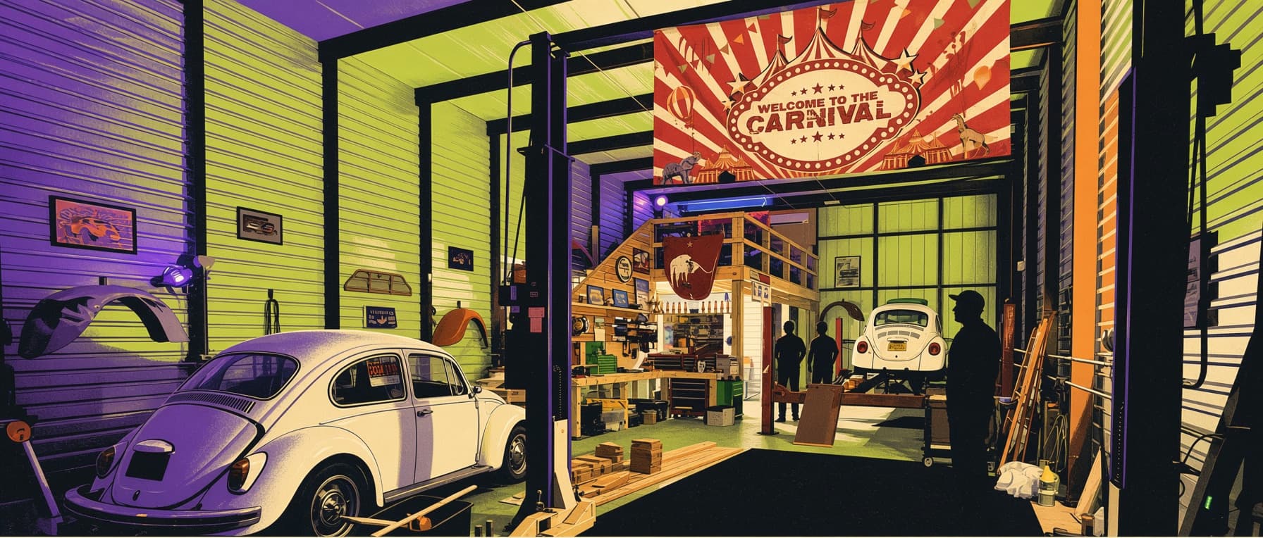 The shop floor, overheads down, lit purple and green. A banner reading Welcome to the Carnival hangs across the open roll-up door. A Beetle sits under the two-post on the left, another is up on a lift at the back, and people stand in the doorway and along the mezzanine rail above.